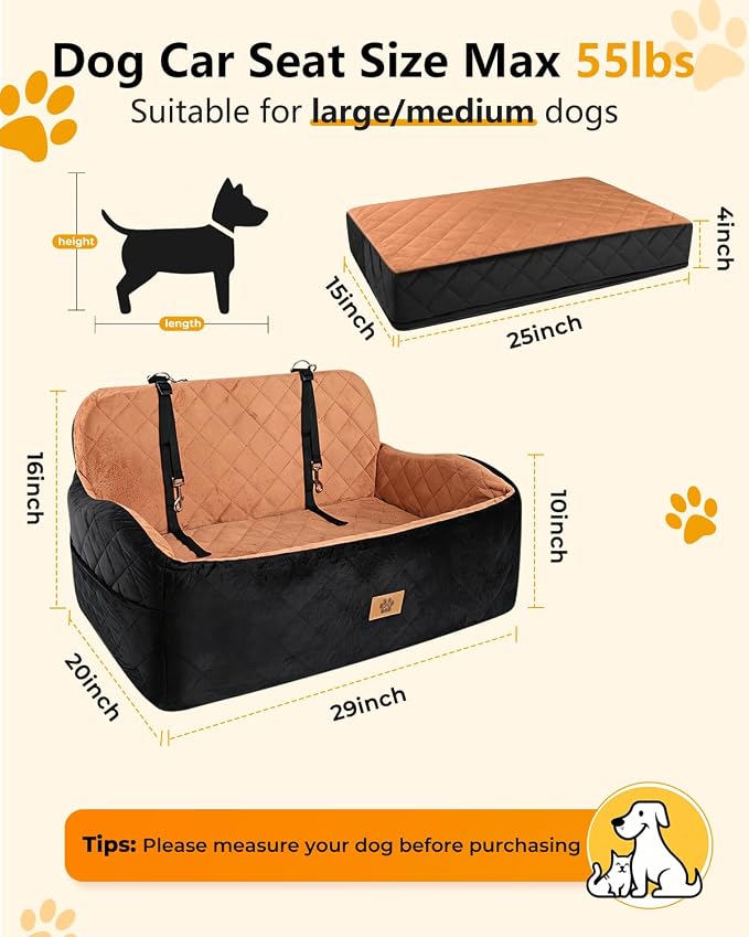 Dog Car Seat for Medium/Large Dogs, Dog Booster Car Seat Under 55 lbs or 2 Small Dogs, High-Support Memory Foam, Travel Bed with Storage Pockets