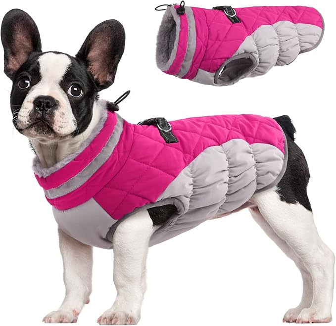 FUAMEY Dog Coat for Small Dogs, Fleece Dog Winter Jacket with Harness | Puppy Cold Weather Coats Reflective Pet Puffer Vest with Zipper Water-Resistant Warm Dogs Snowsuit Windproof Rose Pink XS