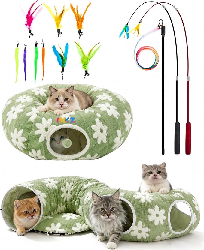 Cat Tunnel Bed with Interactive Cat Toys - Cat Tunnels for Indoor Cats | Donut Tunnel with Hideaway & Cushion, and Interactive Toys for Kitten, A Peekaboo Cave That'S Perfect for Indoor Pets to Play
