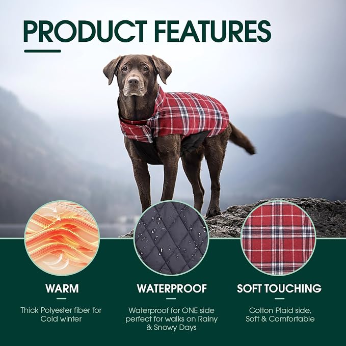 Kuoser Waterproof Dog Coat, Reversible Dog Jacket for Large Dogs, Red L | Adjustable Durable Doggie Winter Coat for Groowing Puppies Warm Puppy Cold Weather Apparel