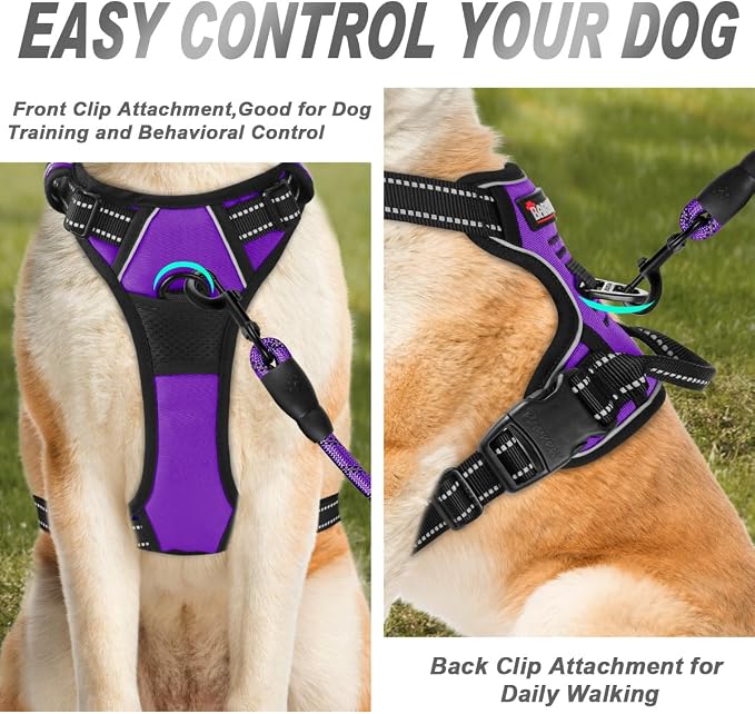 BARKBAY No Pull Dog Harness Front Clip Heavy Duty Reflective Easy Control Handle for Large Dog Walking(Purple,L)