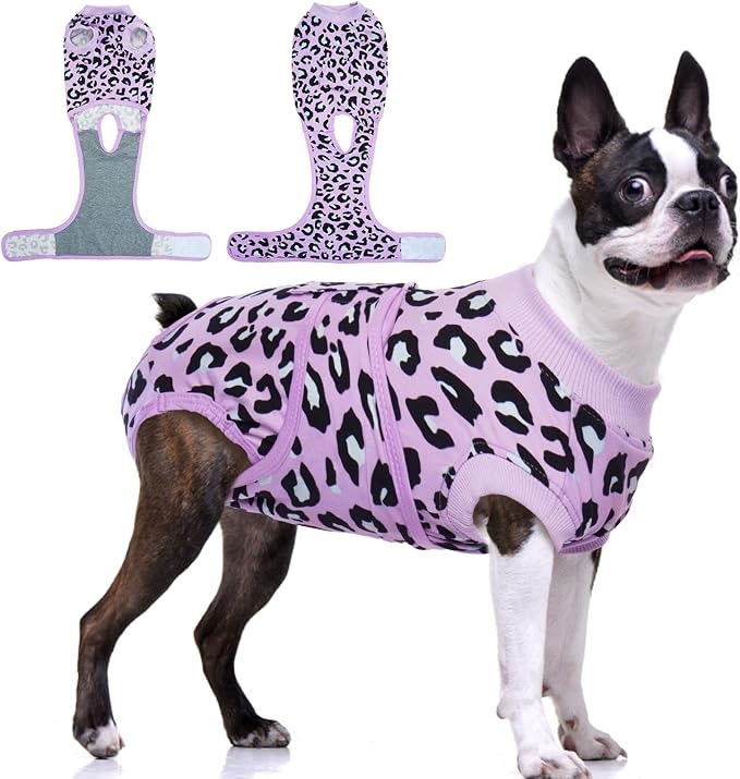 FUAMEY Dog Recovery Suit, Soft Surgical Suit for Dogs Onesie for Surgery | Cone Alternative after Surgery, Abdominal Wound Protector, Anti Lick Suit, Dog Onesie for Surgery Female Purple Leopard L