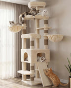 Heybly Cat Tree, 82.7″ Extra Tall Cat Tower for Large Cats Adult HCT063MJ | Giant Cat Condo with Multi-Level Platforms, 2 Baskets, Spacious Cat Cave, Wide Sisal Scratching Board, Beige