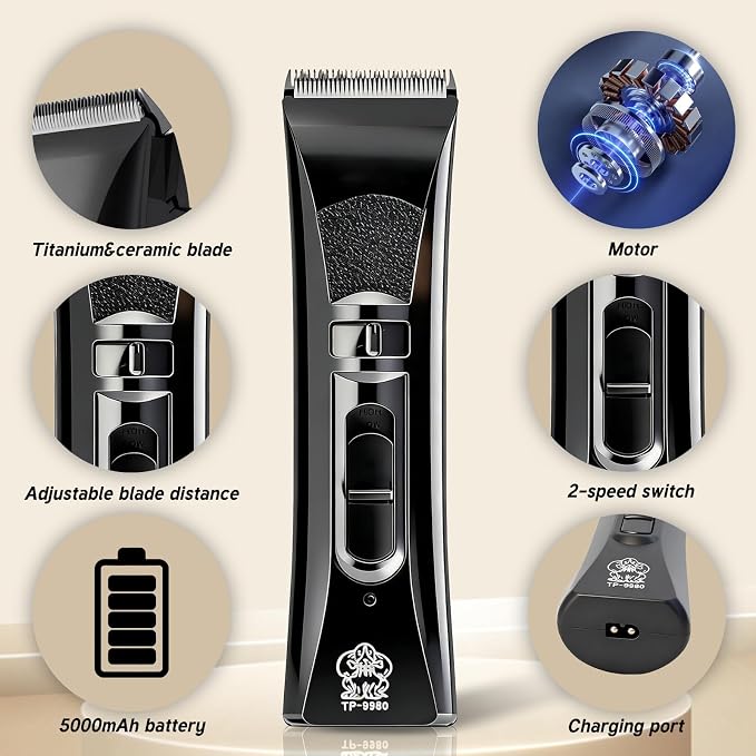 Tife Low Noise Dog Clipper – Cordless Pet Grooming Kit with Rechargeable Battery, Quiet Electric Hair Trimmer for Thick Coats, Adjustable Blade Pet Shaver for Dogs & Cats(Black)