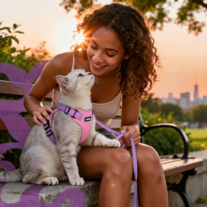 rabbitgoo Cat Harness and Leash Set, Escape Proof Vest, Pink & Light Purple | Soft Breathable Mesh, Easy Adjustable Fit, Snap Buckles, Sturdy Clip, Reflective Strips, for Kittens & Small Cats Walks, Xxs