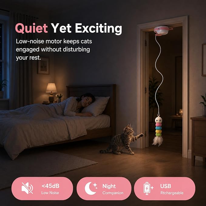 Interactive Cat Toys for Indoor Cats,Automatic Hanging Door Cat Teaser Feather Toy with 6 Accessories,2 Modes,Auto Pause & USB Rechargeable Electric Cat Chase Toy,Safe for Bored Adult Kitten-Pink