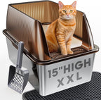 Tripamin 15” XL Stainless Steel Cat Litter Box Enclosure, XXL Stainless Steel High Sides with Lid, Extra Large Metal Cat Litter Box, Anti Leakage, Non-Sticky, Easy Cleaning, Includes Scoop