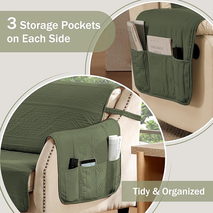 Boho Quilted Recliner Covers, Water-Repellent Recliner Slipcovers, Lazy Boy Chair Covers, Pet Friendly Recliner Cover for Dogs Cats, Washable Furniture Protector (Recliner 22", Olive Green)