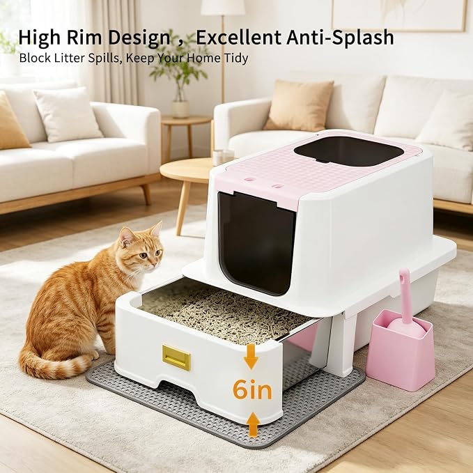 RIZZARI Covered Litter Box for Indoor Cats: Pink, Drawer, Easy Clean | Built-In Deodorizer Spray / Spacious for Large Cats / Stainless Anti-Odor / Pull-Out Drawer / Includes Scoop & Mat