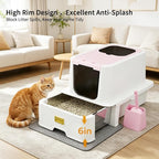 RIZZARI Covered Litter Box for Indoor Cats: Pink, Drawer, Easy Clean | Built-In Deodorizer Spray / Spacious for Large Cats / Stainless Anti-Odor / Pull-Out Drawer / Includes Scoop & Mat