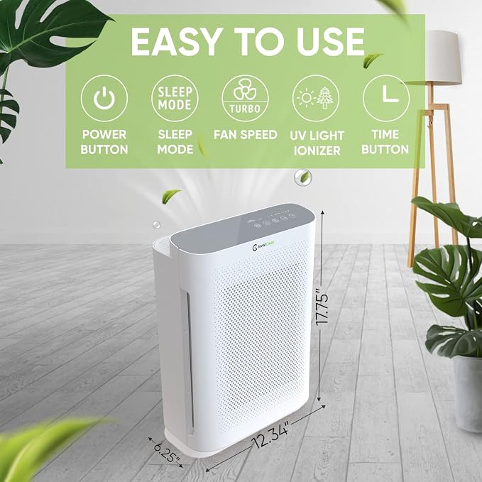 Air Purifier for Home Allergies & Pets | 4-in-1 H13 True HEPA Filter/Ionizer/Carbon + UV Light | Portable Air Purifiers for Large Room & Bedroom Odor Elimination - InvisiClean Aura II