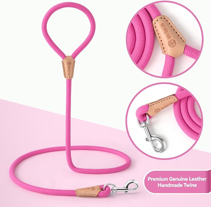 Mile High Life Dog Leash with Genuine Leather Connection, 4/5/6 FT | Rope Leash, Heavy Duty 360° Swivel Metal Clasp, for Small Medium & Large Dogs (Bright Pink, 60 Inch)