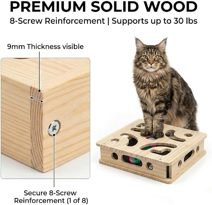 EIODEAR Cat Nail File Scratcher with 5 Sandpaper Pads, 4 Bell Balls, 8 Screw, Solid Wood Cat Scratch Puzzle Enrichment Box Nail Filer Box Toy to File Nails, Cat Treat Box for Treat-Motivated Cats