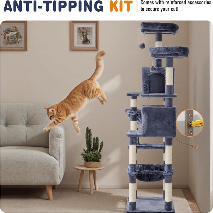 Sweetcrispy 71 inch Cat Tree Tower for Indoor Cats, Dark Blue | Large Multi Level Cat Climbing Tower with Condo, Natural Sisal Scratching Posts, Platform, Hammock, Basket