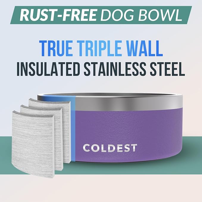 Coldest Dog Bowl - Anti Rust Metal, Non Slip, 3 Layers Insulated Stainless Steel Dog Bowls - Spill Proof & Heavy Duty - Water Bowl for Dogs, Cats & Pets, Dish Washer Safe (100 oz, Galaxy Purple)
