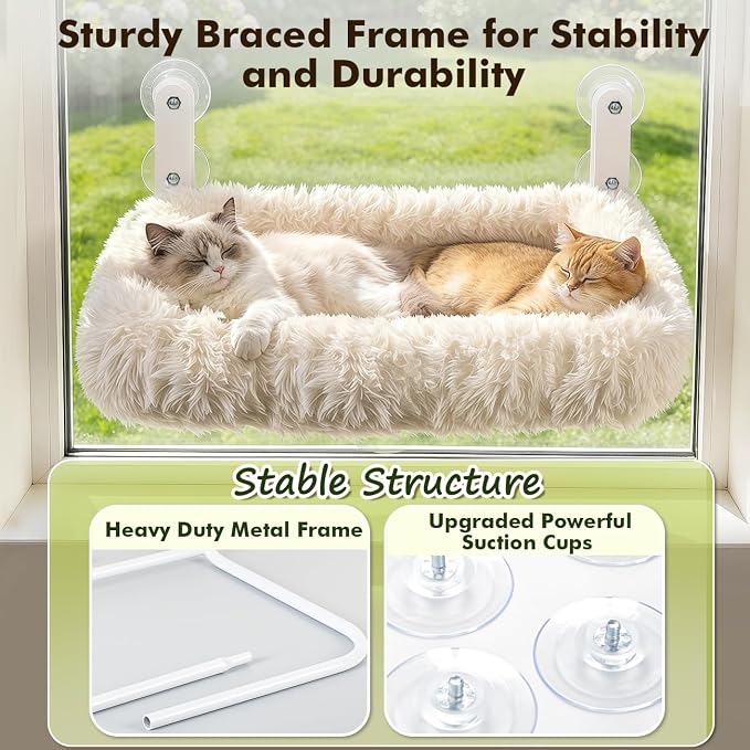 Zoratoo Extra-Thick Cushion Cat Window Perch, Foldable Cat Bed, White | Fluffy Long-pile Bolster, Machine Washable, Cordless Pet Hammock with Sturdy Metal Frame for Cats of All Breed