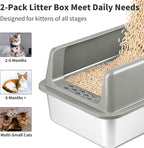 Kirecoo 2 Pack Medium Semi-Enclosed Stainless Steel Cat Litter Box with Lid | Scoop Included, Sturdy Metal Box, Anti-Leakage, Odor Free, Easy to Clean, For Cats Kittens & Bunnies, Multi-Cat Friendly