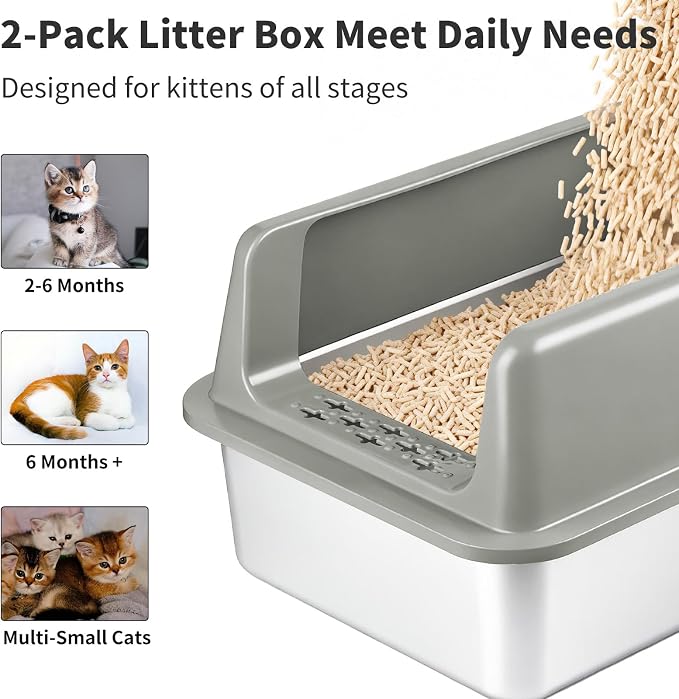 Kirecoo 2 Pack Medium Semi-Enclosed Stainless Steel Cat Litter Box with Lid | Scoop Included, Sturdy Metal Box, Anti-Leakage, Odor Free, Easy to Clean, For Cats Kittens & Bunnies, Multi-Cat Friendly