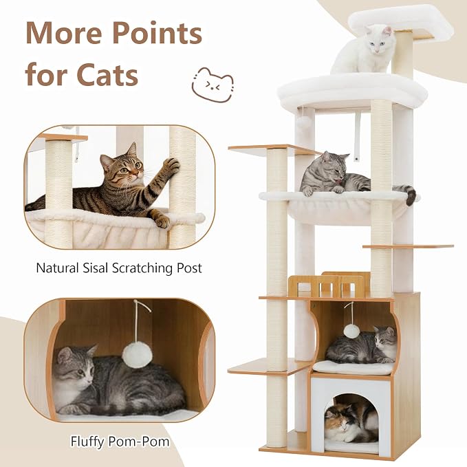 Gitelsnour Modern Cat Tree Tower, 2-Layer Condo & Perch, Big Hammock 102WB | 70.9''Wooden Cat Tower House Large Platform with Safe Guardrail for Indoor Cats Adult, All Sisal Scratching Post, Walnut