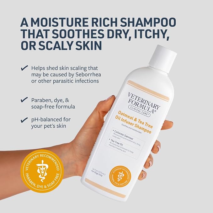 Veterinary Formula Clinical Care Oatmeal & Tea Tree Dog Shampoo, 16 oz | Moisturizing shampoo with colloidal oatmeal and tea tree oil to soothe dry, flaky skin and leave the coat soft and refreshed