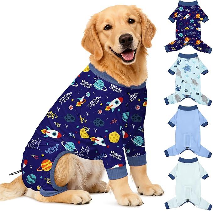 Bienbee Dog Pajamas, 4 Pack Adjustable Onesies for Small to Large Dogs 2XL | Dog Shedding Suit with Soft Fabric, Breathable & Stretchy, and Adjustable Back Length for Sleeping Lounging and Daily Use