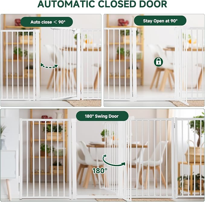 Snagle Paw Full Metal Freestanding Dog Gate with Door, 120” W x 32” H Pet Gate with Support Feet for Doorways, Stairs and Hallways, Portable Dog Fence for Indoor Use(32" 6 Panel, White)