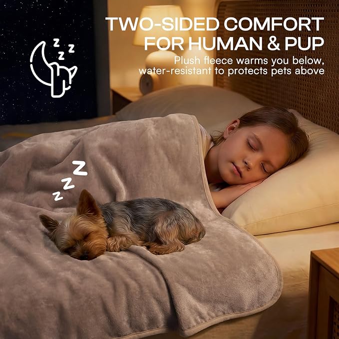 Luciphia Waterproof Pet Blanket, Washable Reversible Sherpa Fleece Throw | Liquid-proof furniture protector for bed and couch, soft reversible sherpa fleece for dogs, cats khaki, XL