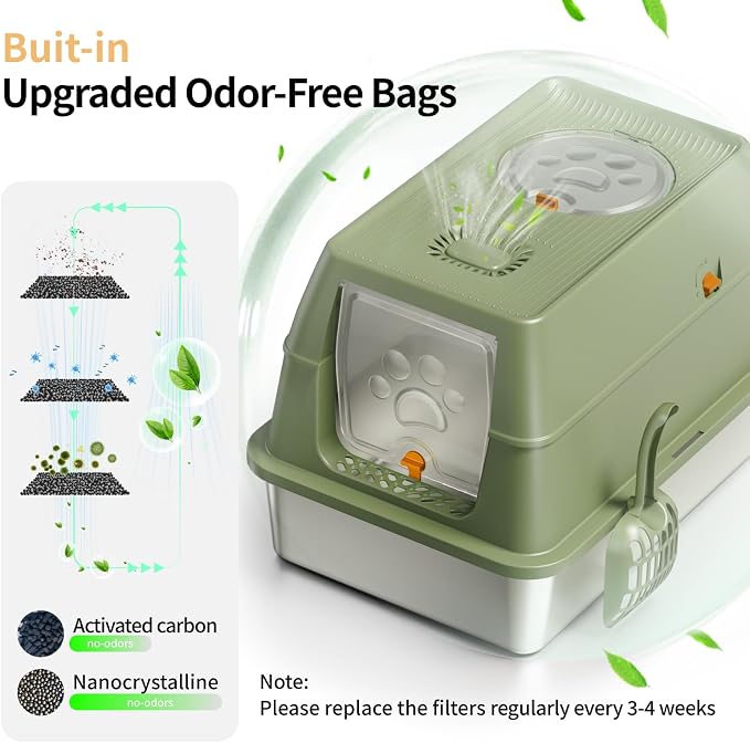 Stainless Steel Cat Litter Box with Removable Lid, XL Enclosed | High Sided Litter Box with Carbon Filters, Odor Free, Easy Cleaning, Anti-Urine Leakage for Big Cats/Multiples, Green
