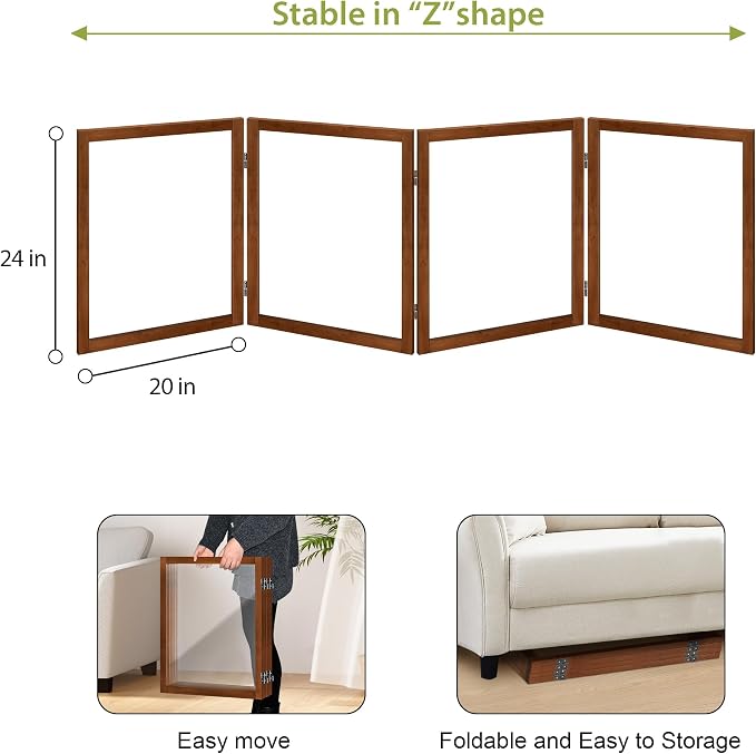 LZRS Extra-Wide Clear Dog Gate for Indoor Use - Transparent Pet Fence with Solid Hardwood and Plastic Board, Stylish & Durable freestanding Pet Gate for Doorways, Stairs and Hallways-4 Panel Cherry