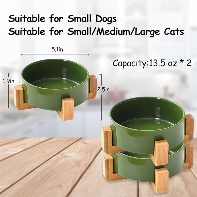 Petygooing Ceramic Cat Dog Bowl Set with Stand,Small Dog Bowls, Pet Food and Water Dish, Anti Slip Set of 2 Cat Bowls- Cute Modern Pet Food Bowl Small Size Dog (13.5OZ/5.1 in) Rust Green