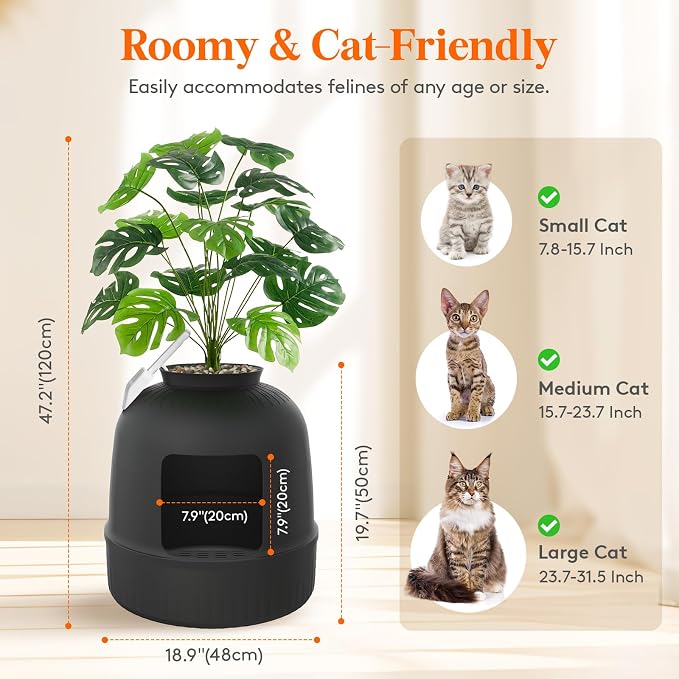Lifewit Hidden Plant Cat Litter Box with Plastic Scoop, Black | Extra Large Enclosure Litter Tray with Carbon Filter& Odor Control, Aesthetic Cats Stuff for Living Room, Bathroom, Corner