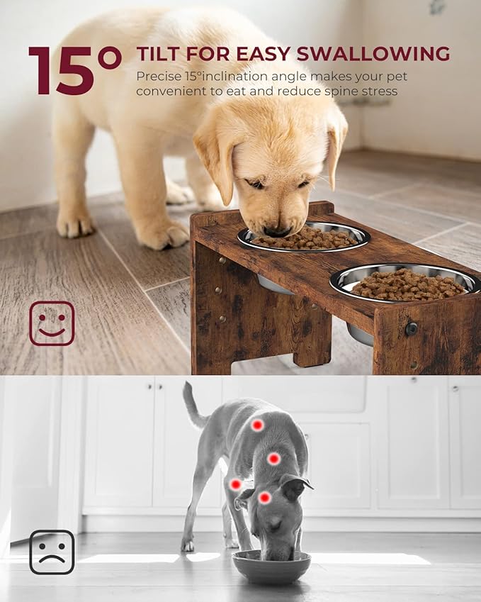 Vantic Elevated Dog Bowls, Raised Bowl Stand Adjustable Small, Rustic Brown | Particle Board Raised Feeder with 2 Stainless Steel Bowls, Adjustable Height for Small Puppies and Cats