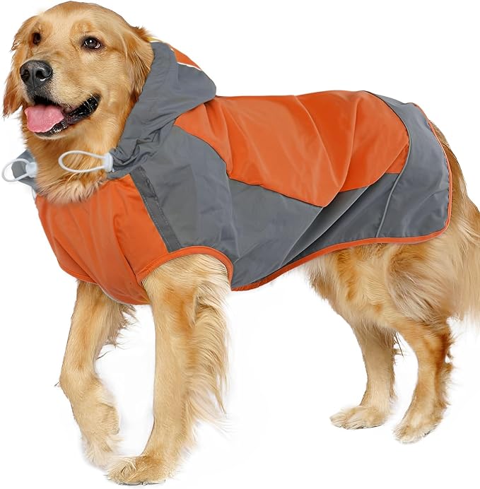 IECOii Hooded Dog Raincoat,Reflective Large Dog Rain Poncho,Ensure Safety in Low - Light Conditions, Adjustable Fit with Magic Sticker,Lightweight Waterproof Pet Rain Coat,Orange,XXL