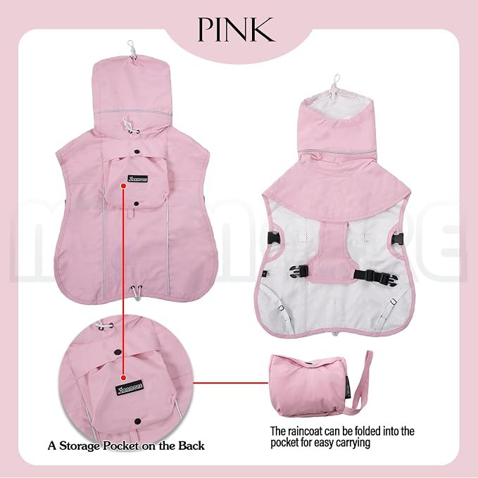 MAMORE Dog Raincoat, Waterproof Rain Jacket for Small Medium Large Dogs, Windproof Reflective Adjustable Breathable Pet Rain Coat with Storage Pocket and Leash Holes (Pink, Medium)