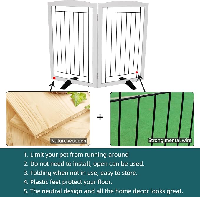 Dog Fence Indoor,Dog Gate Indoor for Doorway pet gate -2-Panel Freestanding, Hallways, House or Stairs -40x32-Inch Retractable Foldable Expandable Wood Pet by SFJC (White) ﻿
