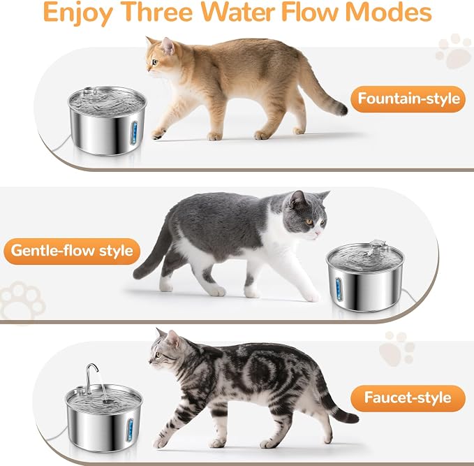 Stainless Steel Cat Water Fountain, 135oz/4L, 20 Filters | Ultra-Quiet Automatic Dog Water Dispenser with Adjustable Pump and 3 Flow Modes for Cats, Dogs, Multiple Pets