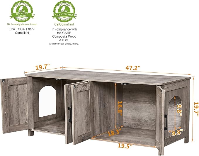 Homhedy 47.2”L Cat Litter Box Enclosure for 2 Cats, Greige | Wooden Litter Box Furniture Hidden with Double Room, Cat Washroom, Cat House, Dog-Proof, TV Stand,Farmhouse Style