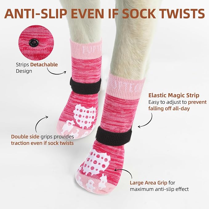 PUPTECK Anti-Slip Dog Socks with Double Sides Grips for Small Medium Large Dogs Hardwood Floors Prevents Licking, Dog Shoes for Hot Pavement Traction Control for Senior Dogs, Fuschia, L