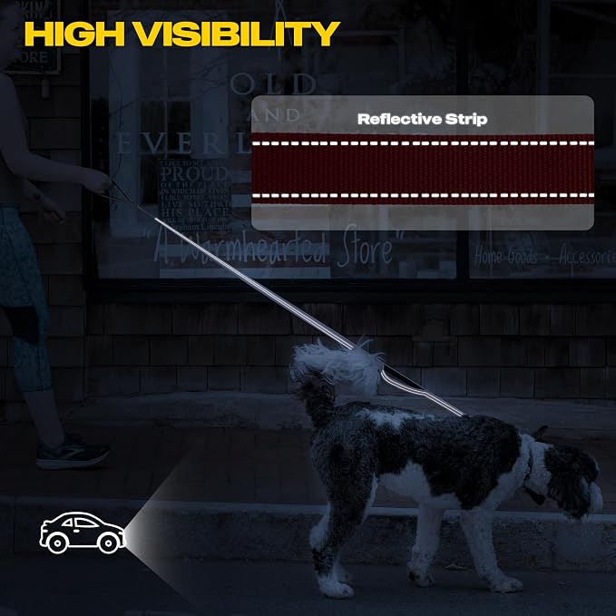 Fida 10ft Heavy Duty Dog Leash with 2 Comfortable Padded Handles, Traffic Handle & Advanced Easy Snap Hook, Reflective Walking Lead for Large, Medium & Small Breed Dogs, Red