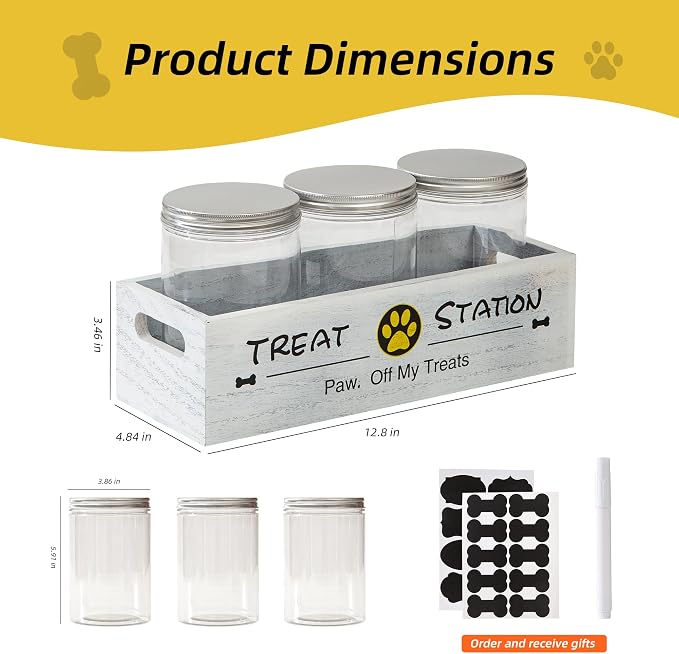 Dog treat container for Countertop Cat Organization and Storage with 3 Jars Pet Accessories Storage Decorative Dog Treat Station Farmhouse Decor Gift for Pet