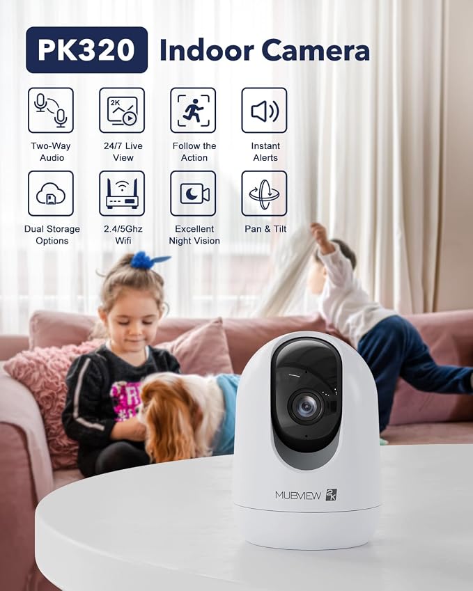 MUBVIEW Cameras for Home Security, Indoor Security Camera, 2.4/5GHz WiFi Wired Camera Ideal for Dog/Elder/Baby, Motion Tracking, Two-Way Audio, Pan Tilt, 7X24, 2K Night Vision | 2.4/5GHz WiFi, pan-tilt view, motion tracking, 24/7 monitoring, 2-way audi...