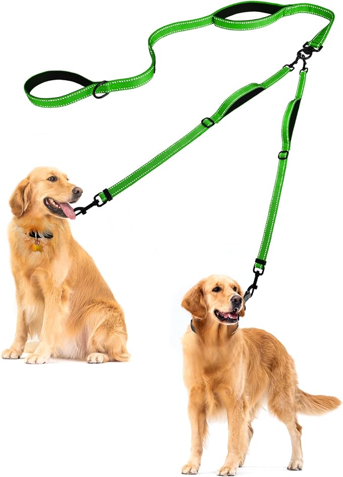 PetBonus Double Dog Leash, No Tangle Dual Leash, Walking Training Lead | 4 Comfortable Padded Handles, Adjustable, Reflective, For Two Large Medium Dogs, Collapsible Bowl and Waste Bags, Grass Green