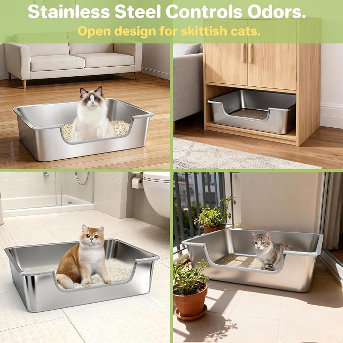 2-Pack Low Entry Litter Box for Senior Disabled & Injured Cats, Stainless Steel High Sided Enclosed Easy Step in Entry-Metal Kitty Litter Box for Kittens, Odor Control (19.7"x13.8"x5.9")