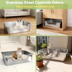 Low Entry Litter Box for Senior or Disabled & Injured Cats, Stainless Steel High Sided Enclosed Easy Step in Entry-Large Metal Kitty Litter Box for Kittens, Odor Control (23.6”x15.7”x5.9”)
