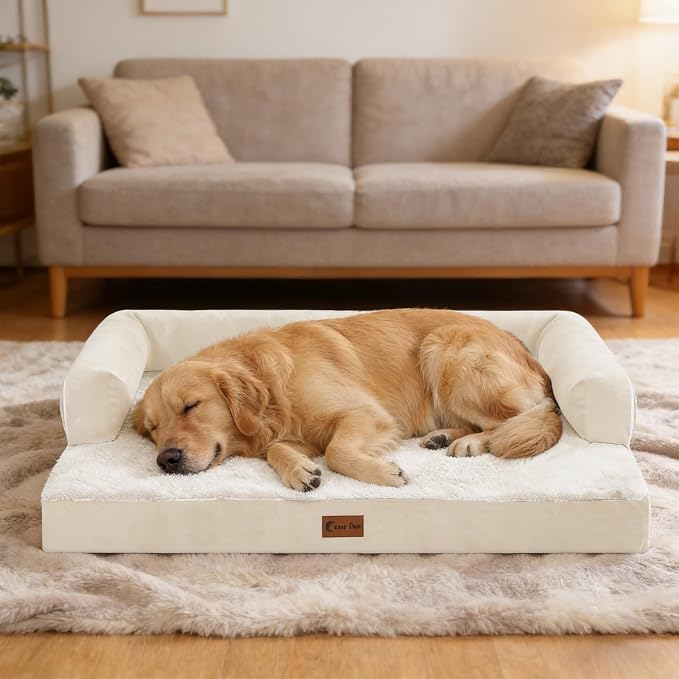 Waterproof Orthopedic Dog Bed for Medium Dogs, 35x22in, Beige | Orthopedic Foam Relieves Joint Pressure, Bolsters Supports Head And Neck, Washable Cover, Non-Slip Bottom