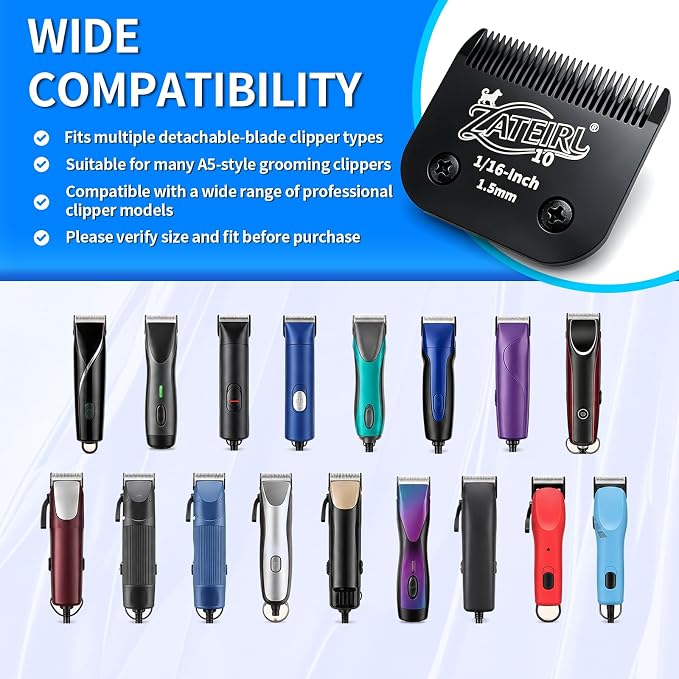 Size 10 Detachable Pet Grooming Clipper Blade with Steel Cutter, 1/16 Inch (1.5 mm) Cut Length, Black, Compatible with Andis, Oster A5, Wahl KM10, 1 Pack