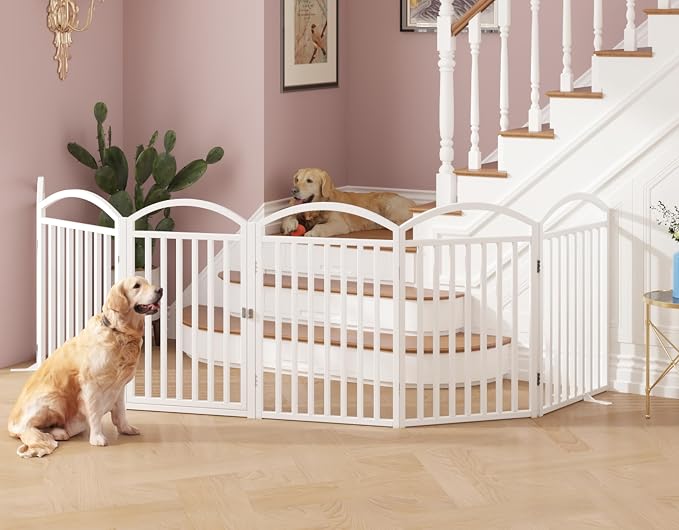Foldable Pet Fence 120" Wide, 30" Tall,No-Assembly Dog Gate with Door,White | 6 Panels Metal Folding Freestanding Dog Gate Walk Through,Extra Accordion Puppy Folding Playpen for Doorways, Stairs,House