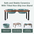 SPUNKYJUNKY Ceramic Elevated Tilted Dog Bowls Bone-Shaped Raised with 2 Height Iron Stand, 6.9'' Dog and Cat Food Water Bowls Set Non-Slip for Small Medium Sized Breed - 20 OZ,Dark Green