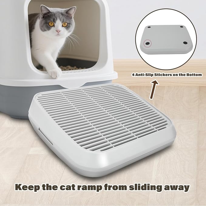 Cat Ramp for Litter Box, Anti-Tracking Cat Litter Trapper, Grey | Litter Box Step for Kittens & Senior Cats, 0.2-in Filter Holes, Non-Slip Base, Easy-Rinse ABS, Fits Most Litter Boxes