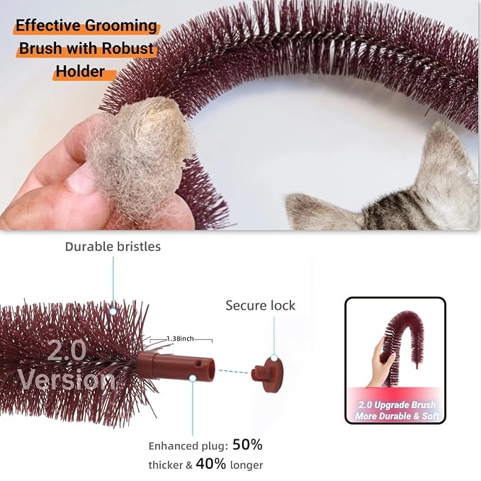 Cat Self Groomer, Heavy Scratching Pad with Mouse Toy | Easy To Clean, Enhanced Brush Holder, For All Cats, Durable Brush, Cat Face Scratchers, Cat Body Massager, Brown